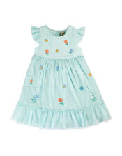 Frugi Embroidered Flower Tulle Dress, Blue (BLUE), large