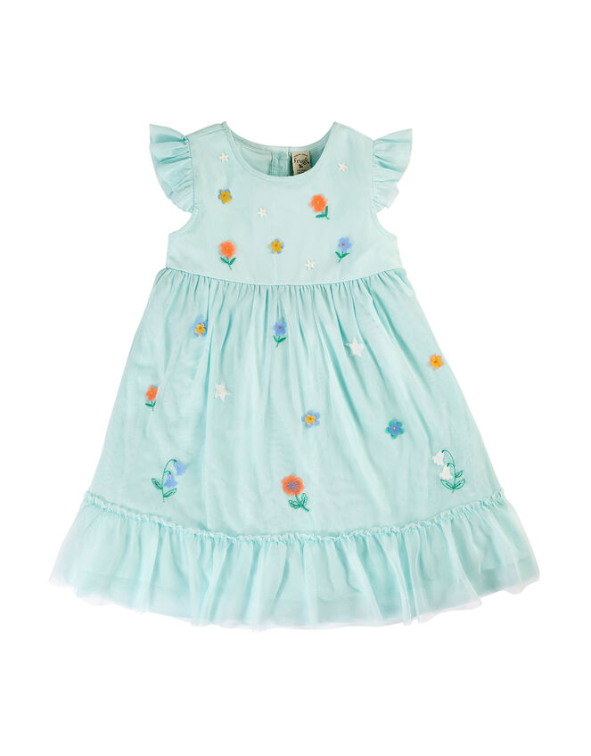 Frugi Embroidered Flower Tulle Dress, Blue (BLUE), large