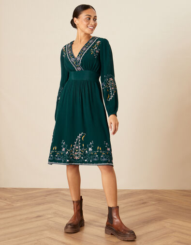 Embroidered Paisley Smart Dress Teal, Teal (TEAL), large