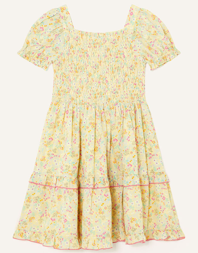 Ditsy Print Shirred Dress Yellow