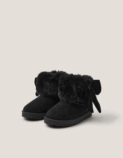 Bow Faux Fur Suedette Ankle Boots, Black (BLACK), large