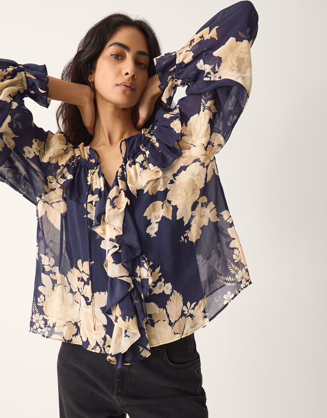 Sasha Floral Print Ruffle Blouse Blue