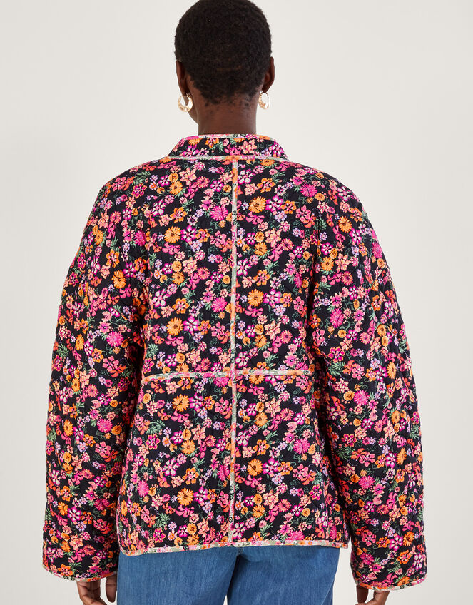 Ditsy Floral and Ikat Print Quilted Jacket in LENZING™ ECOVERO™ , Orange (ORANGE), large