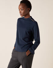 LOUNGE Hatty High Neck Button Top, Blue (NAVY), large