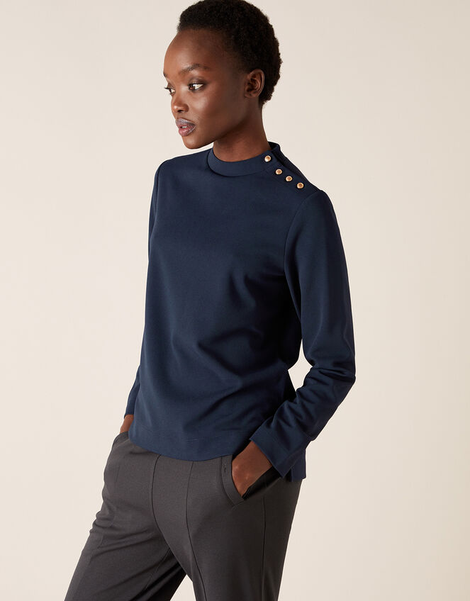 LOUNGE Hatty High Neck Button Top, Blue (NAVY), large