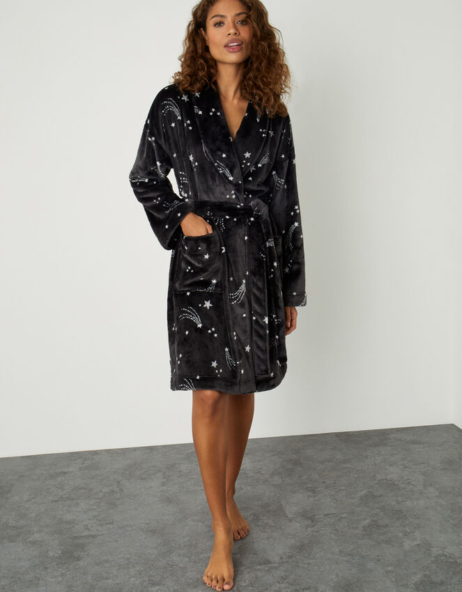 Shooting Star Print Fluffy Dressing Gown, Grey (CHARCOAL), large