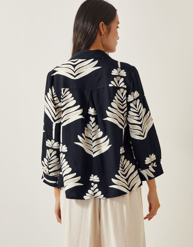 Pamela Linen Blend Leaf Print Top, Black (BLACK), large