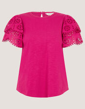 Bev Broderie Sleeve Jersey T-Shirt, Pink (PINK), large