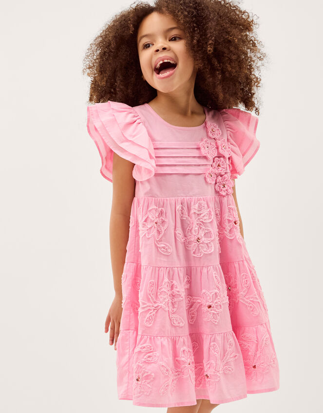 Appliqu&eacute; Floral Flutter Sleeve Dress, Pink (PINK), large
