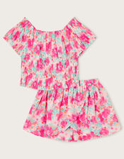 Tropical Floral Shirred Top and Skort Set, Pink (PINK), large