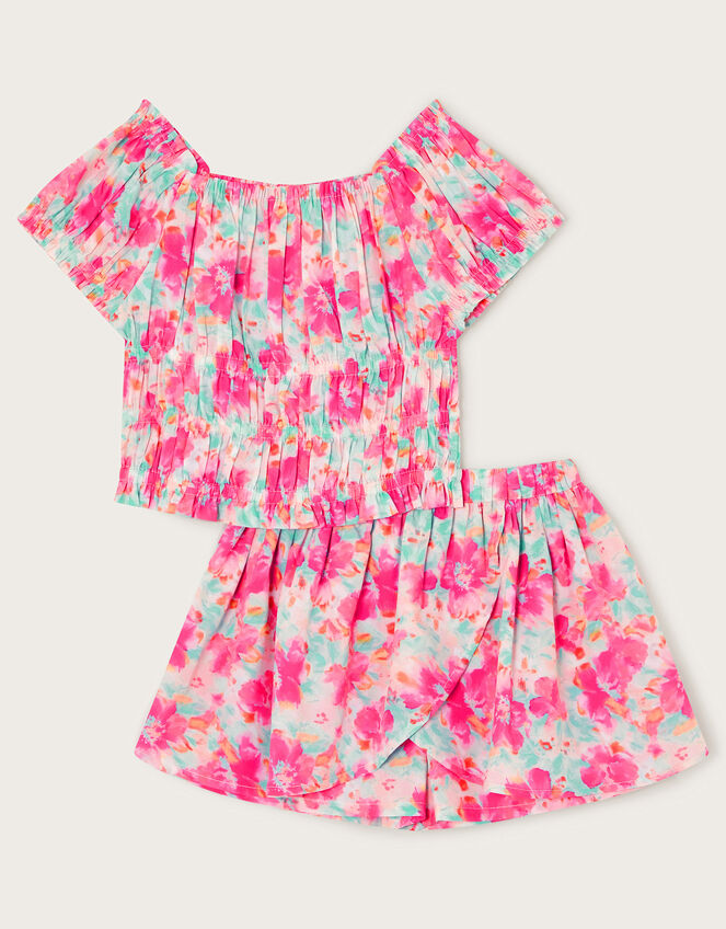 Tropical Floral Shirred Top and Skort Set, Pink (PINK), large