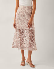 Alanna Sheer Appliqué Midi Skirt, Nude (NUDE), large