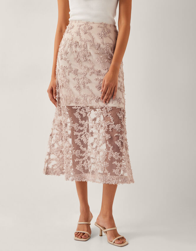 Alanna Sheer Appliqué Midi Skirt, Nude (NUDE), large