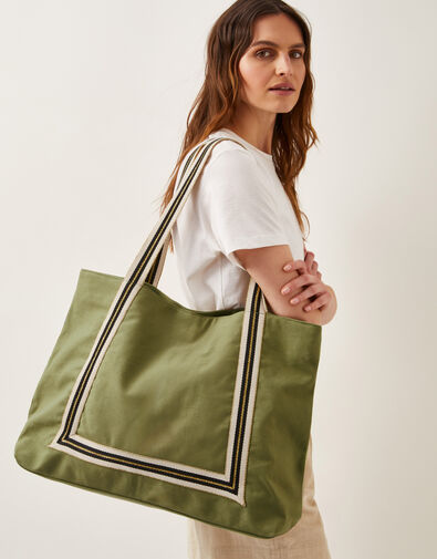 Nia Stripe Strap Tote Bag, Green (KHAKI), large