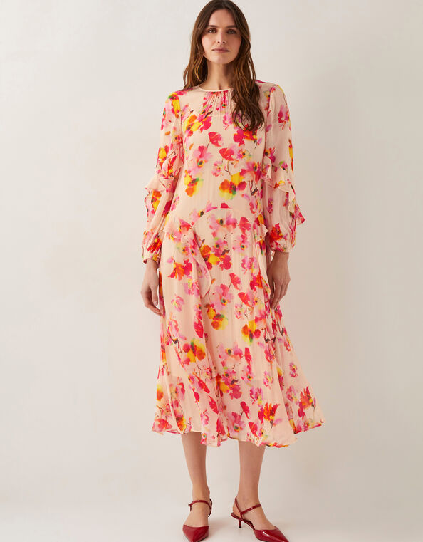 Vanna Frill Floral Print Midi Dress, Ivory (IVORY), large