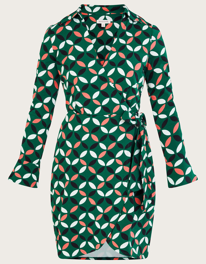 Geometric Print Jersey Wrap Dress, Green (GREEN), large