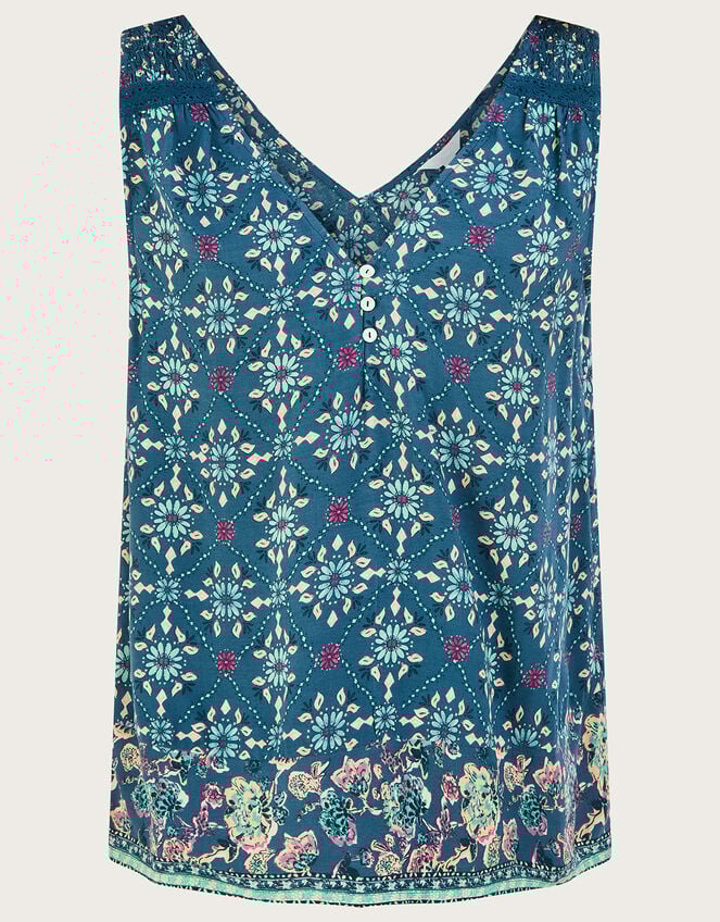 Geometric Tile Print V-Neck Cami Top, Teal (TEAL), large
