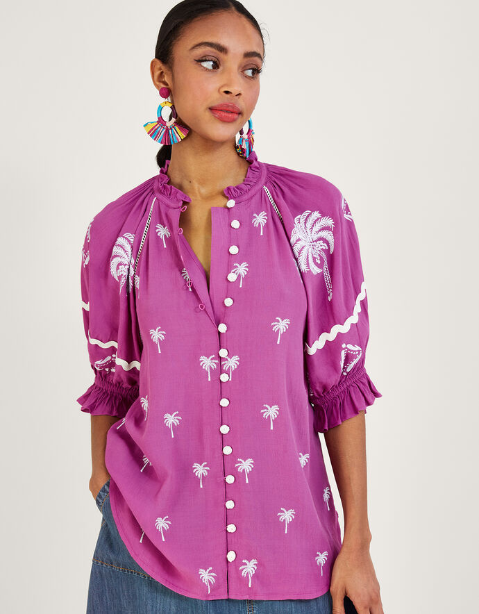 Pernella Palm Embroidered Top in Sustainable Viscose Pink