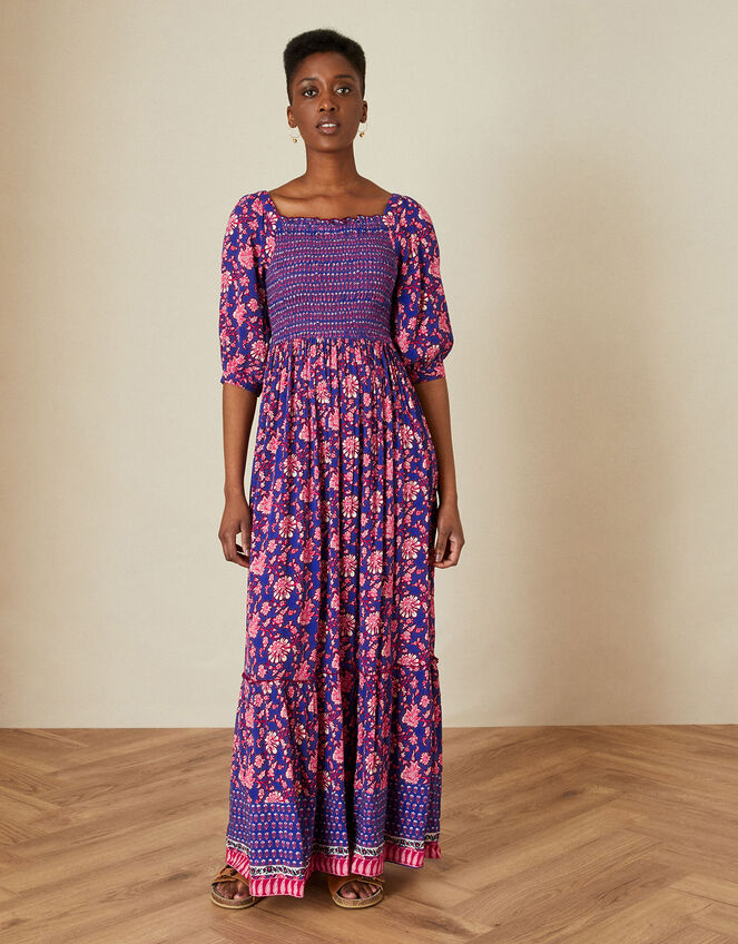 Shirred Bodice Floral Print Dress in LENZING™ ECOVERO™ Purple