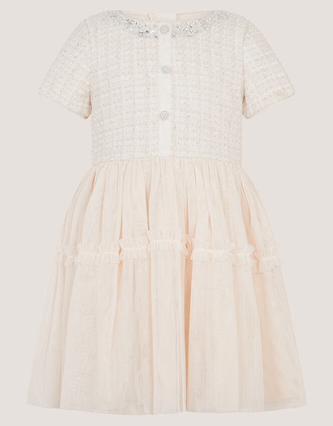 Embellished Tweed Mesh Dress, Ivory (IVORY), large