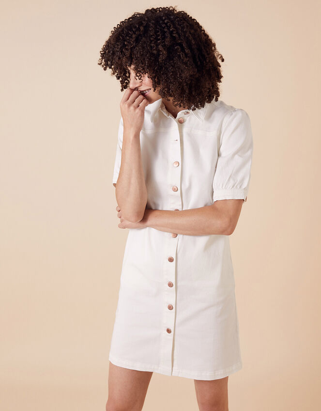 Denim Shirt Dress in Recycled Cotton, Ivory (IVORY), large