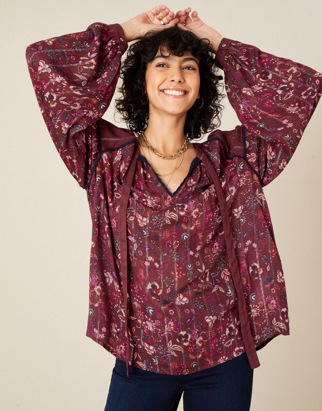 Indie Printed Tie Neck Blouse, Red (BERRY), large