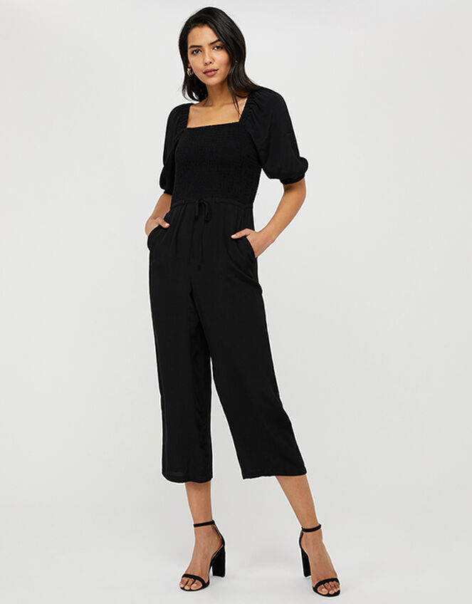 Fleur Shirred Jumpsuit, Black (BLACK), large