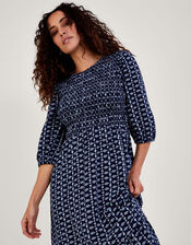 Geometric Print Tiered Shirred Jersey Dress, Blue (NAVY), large