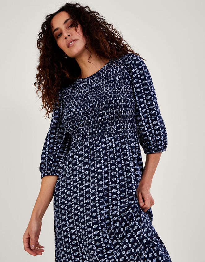 Geometric Print Tiered Shirred Jersey Dress Blue | Midi Dresses ...