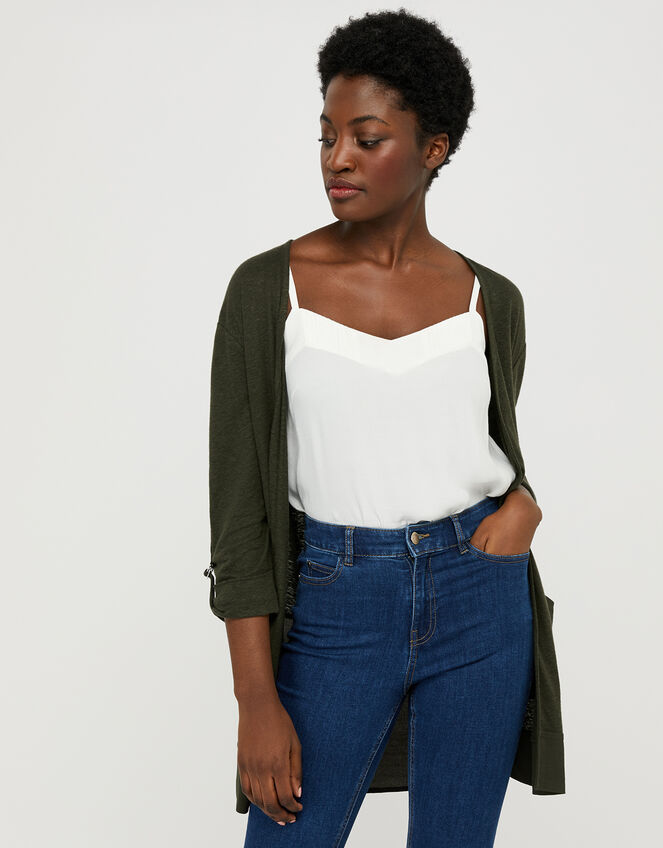 Carrie Woven Cardigan in Linen Blend, Green (KHAKI), large