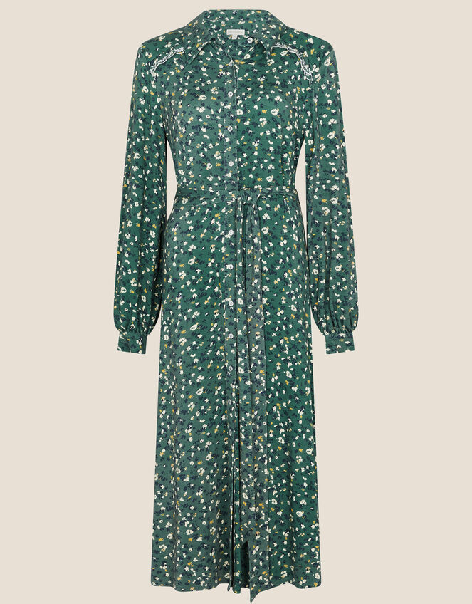 Floral Print Embroidered Shirt Dress, Green (GREEN), large