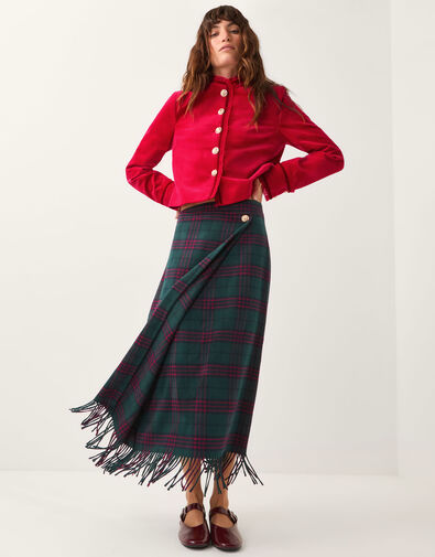 Monsoon x Sarah Corbett-Winder Tartan Fringe Midi Skirt, Teal (TEAL), large