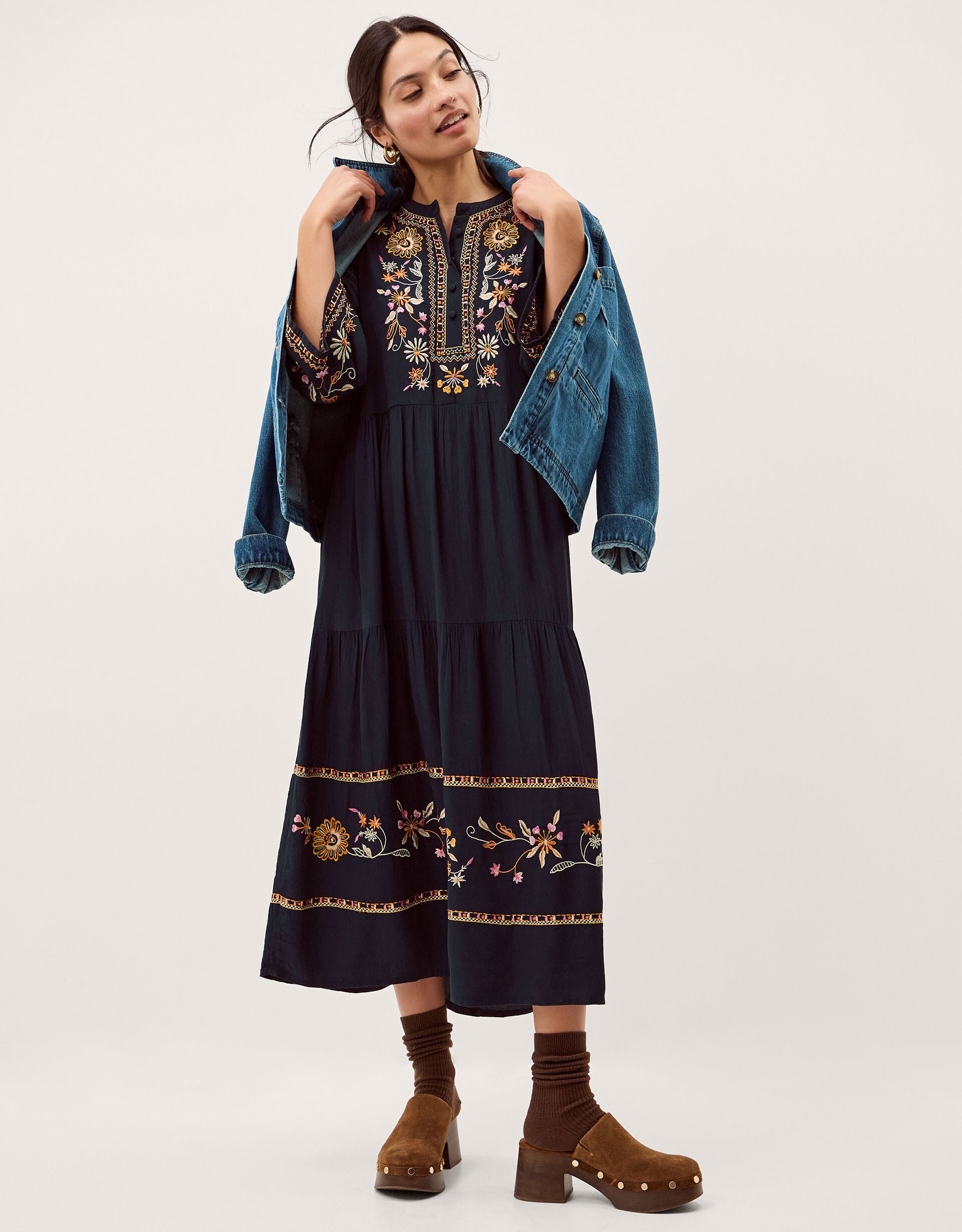 Lucie Floral Embroidered Midi Dress Blue