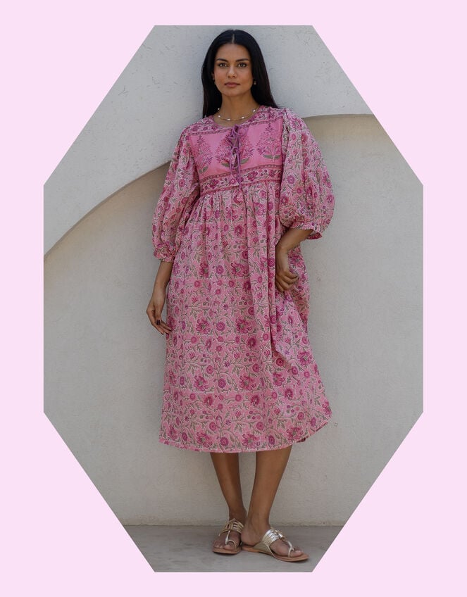 Dilli Grey Fara Floral Block Print Midi Dress, Pink (PINK), large