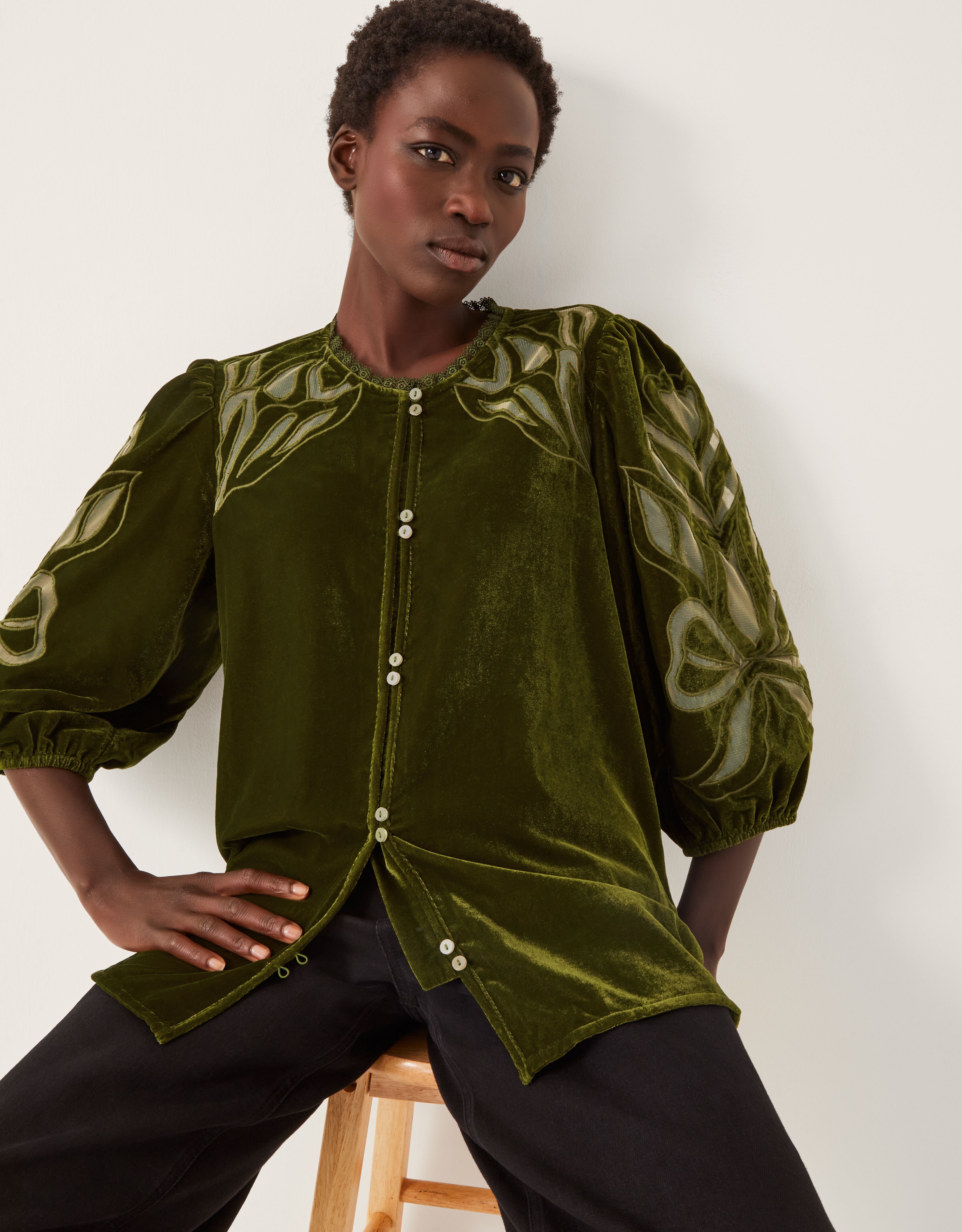 Ezra Embroidered Velvet Top Green