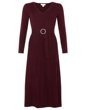 Belted Knit Midi Dress, Red (BERRY), large