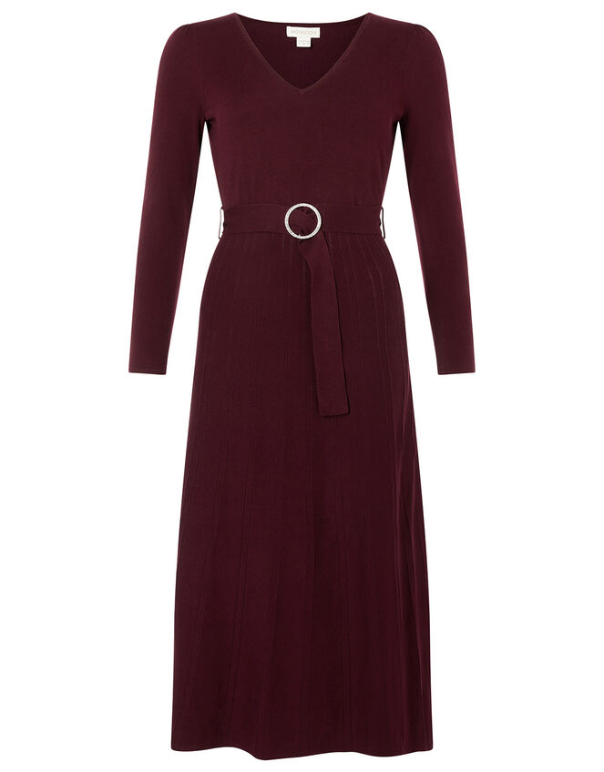 Belted Knit Midi Dress, Red (BERRY), large
