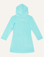 Flamingo Towelling Hooded Dress, Blue (TURQUOISE), large
