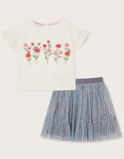 Floral T-Shirt and Tulle Skirt Set, Blue (BLUE), large