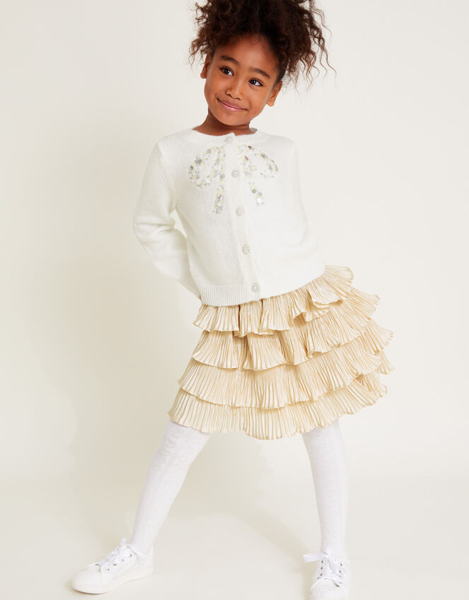 Pleated Ruffle Satin Skirt, Gold (GOLD), large