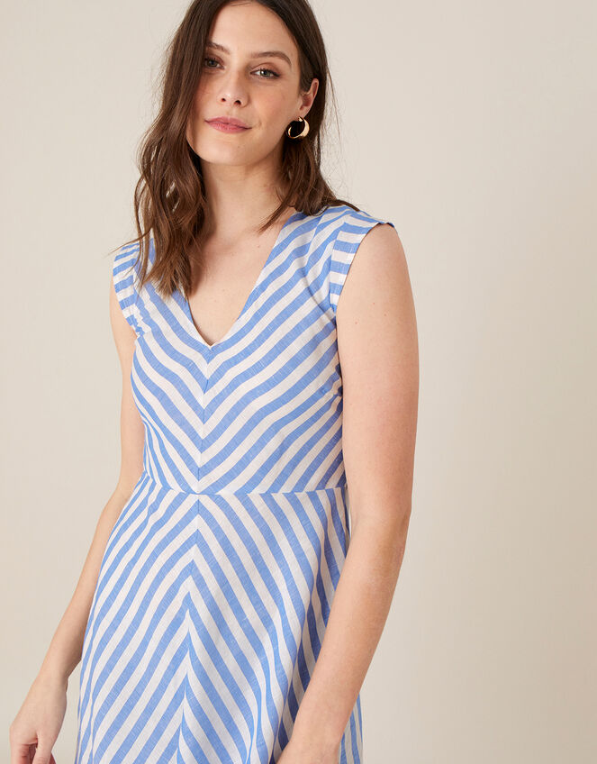 Stripe Midi Dress in Linen Blend, Ivory (IVORY), large