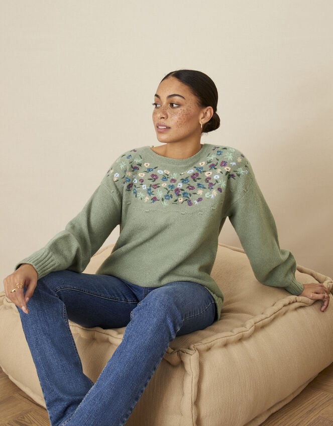 Embroidered Yoke Longline Jumper, Green (SAGE), large
