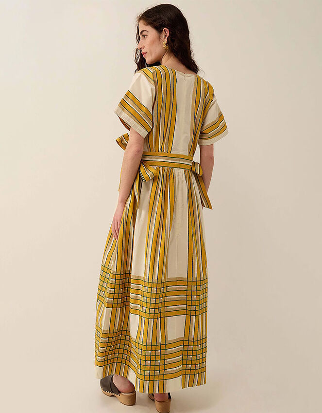 East Alana Hand-Woodblock Tonal Check Striped Midi Dress, Yellow (YELLOW), large