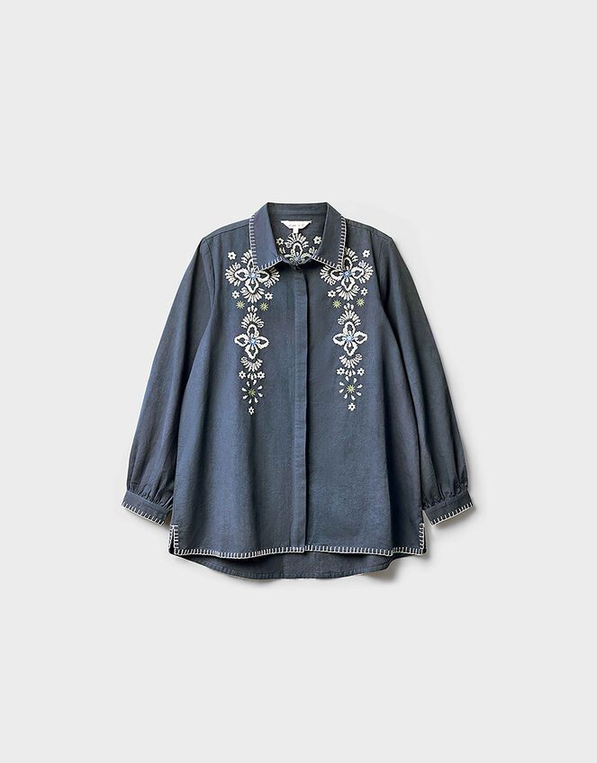 East Cora Floral Embroidered Cotton Shirt, Blue (BLUE), large