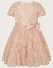 Spot Glitter Short Sleeve Belted Dress, Nude (NUDE), large