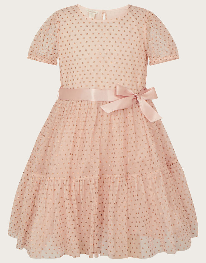 Spot Glitter Short Sleeve Belted Dress, Nude (NUDE), large