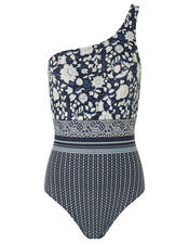 Farrah One Shoulder Printed Swimsuit, Blue (NAVY), large