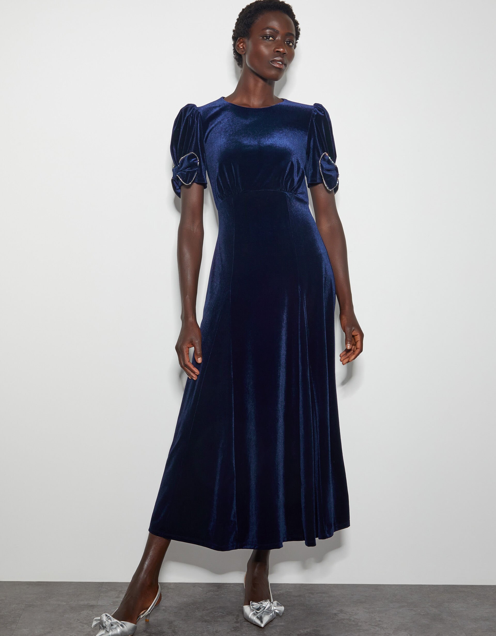 Velvet blue dress long on sale