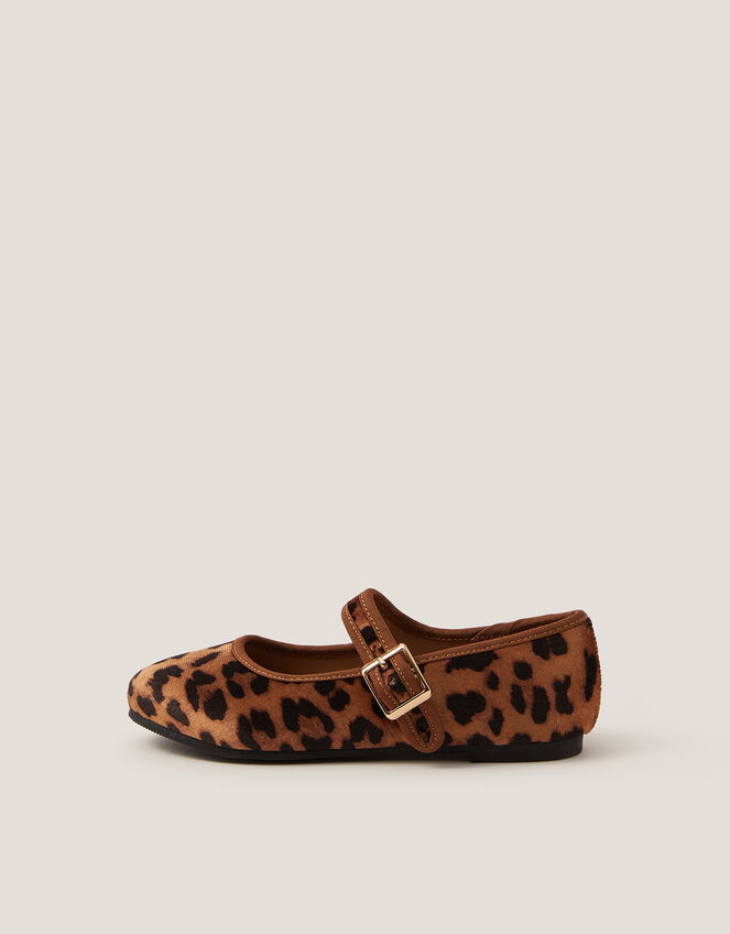 Leopard Print Strap Ballet Flats, Brown (BROWN), large
