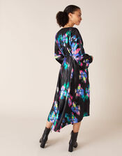 Blur Print Satin Midi Dress, Black (BLACK), large
